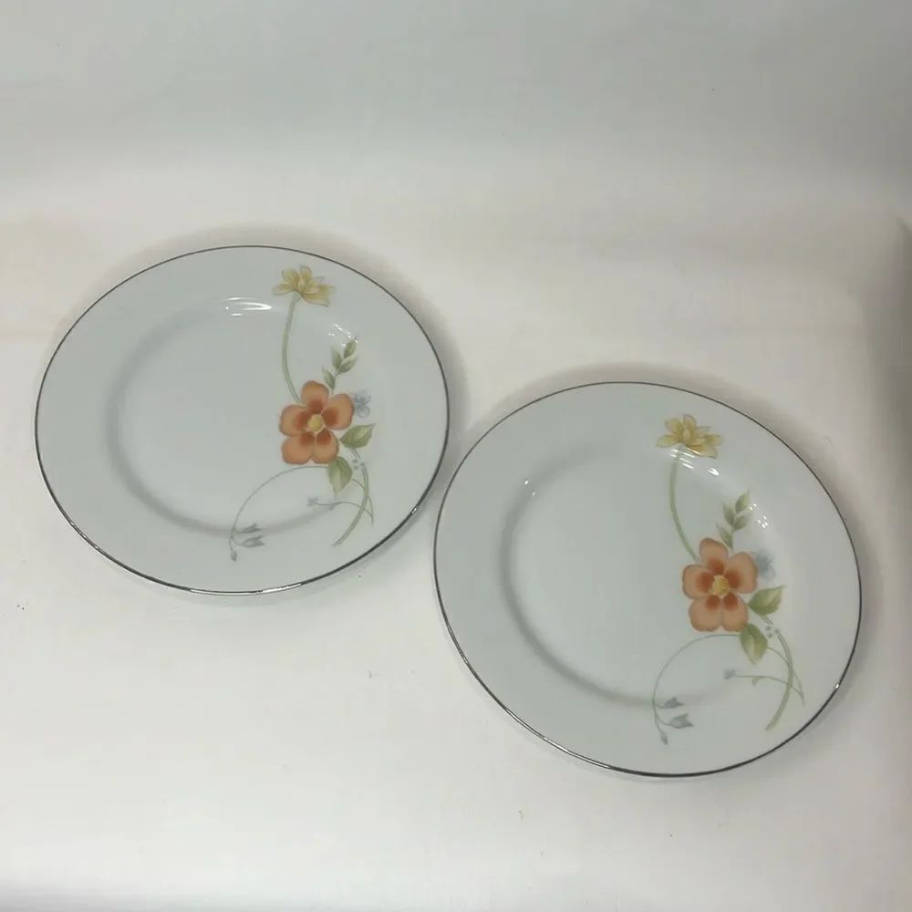Annabelle Fine China Japan Saucer 6 1/4 In Round Floral Set 2 Silver Rim Vintage